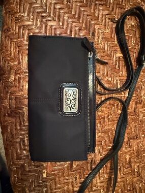Brighton Black Organizer Crossbody Wallet Silver Scroll Plaque Wristlet